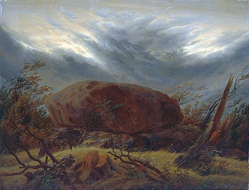 Caspar David Friedrich, Hünengrab im Herbst. Um 1820 (Hünengrab, prähistorisch, Findlung, Menhir, Stein, Totenkult, Klassiker, Wohnzimmer, Treppenhaus, Malerei, Romantik, Wunschgröße, bunt)