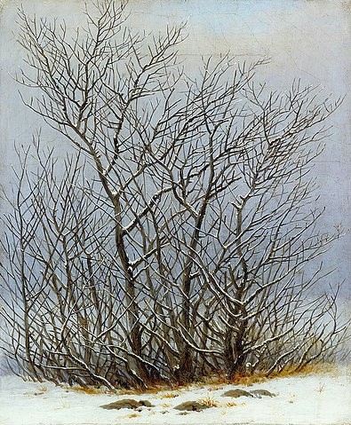 Caspar David Friedrich, Gebüsch im Schnee. 1828. (Winter, Natur, Zweige, Äste, Busch, Schnee, Klassiker, Wohnzimmer, Treppenhaus,  Wunschgröße, Malerei, Romantik, bunt)