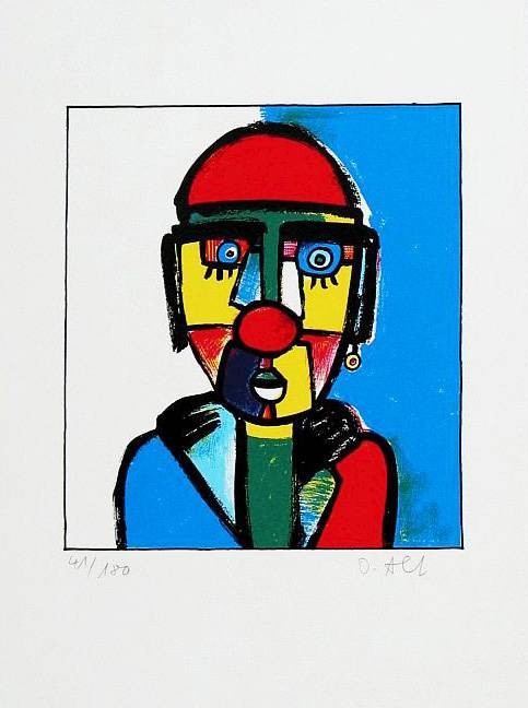 Alt Otmar Oh, mein Papa (Siebdruck, handsigniert) (Clown, rote Pappnase, figurativ, fröhlich, heiter, witzig, modern, Wohnzimmer, Treppenhaus, Grafik, zeitgenössisch, Original, signiert, bunt)