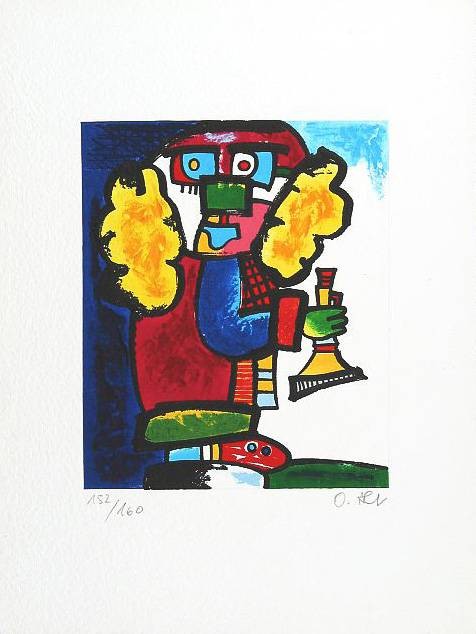 Alt Otmar Startrompeter (Carborundum-Radierung, handsigniert) (Musiker, Clown, Trompeter, figurativ, fröhlich, heiter, witzig, modern, Wohnzimmer, Treppenhaus, Grafik, zeitgenössisch, Original, signiert, bunt)