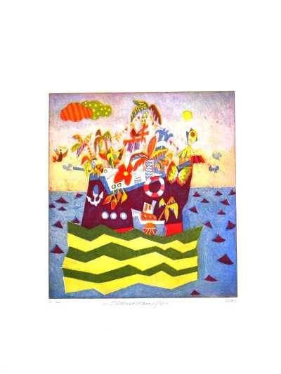 Fries Günther Südseedampfer (Radierung, handsigniert) (Dampfer, fröhlich, lustige Seefahrt, Meer, Sommer, Urlaub, Original, signiert, Malerei, Wohnzimmer, Treppenhaus, bunt)