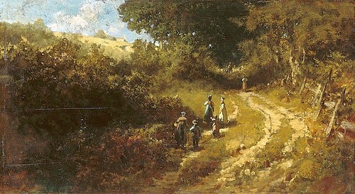 Carl Spitzweg, Kirchgang bei Dachau. (Spitzweg,Carl,1808-1885,Öl/Pappelholz,Foto: Artothek,Dresden,Gemäldegalerie,Weg,Spitzweg, Carl,natur,menschen,familie,idylle,kinder,spaziergang,natur)