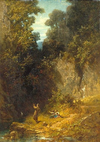 Carl Spitzweg, Der Angler. Um 1875. (Spitzweg,Carl,1808-1885,Öl/Pappelholz,Dresden,Gemäldegalerie,Fischer,Freizeit,Spitzweg, Carl,natur,idylle,mann,angel,fisch,ufer)