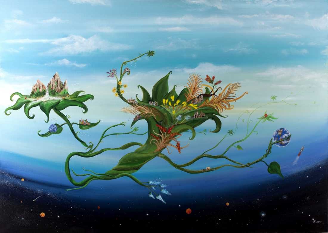 Conny Krakowski, Der Aufbruch (Surrealismus, Traum, Magie, Esoterik, Baum, Traumbaum,Lebensbaum,Geburt,Leben,Sterben,Wege, Lebensweg, Phantasie,Fantasie,Realismus,Malerei,Gemläde,detaiiert,Traumbild,Traumlandschaft,Landschaftsmalerei,Träumerei,Wasserfall,Berge,Wolken,)