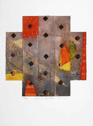 Koury Aleah Summer Earth II (2001) (Siebdruck, handsigniert) (Modern, Abstrakt, geometrische Muster, Panele, kreuz, shabby, Original, signiert, Grafik, Wohnzimmer, Büro, Treppenhaus, bunt)