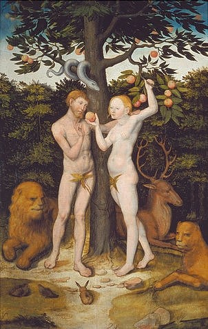 LUCAS CRANACH Der Ältere, Adam und Eva. (Sündenfall, Eva, Adam, Baum der Erkenntnis, Apfelbaum, Äpfel, Schlange, Tiere, Löwen, Garten Eden, Paradies, Religion, Klassiker, Renaissance, Wunschgröße, Wohnzimmer)