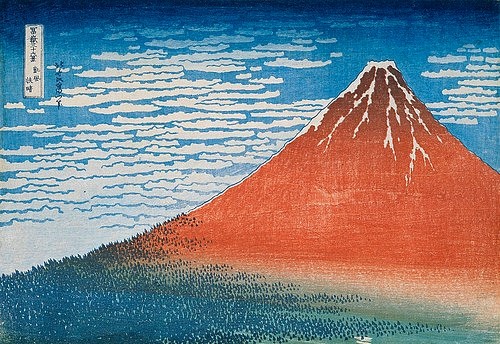 Katsushika Hokusai, Der Fujiyama (aus der Serie: 36 Ansichten des Berges Fuji). 1831 (Farbholzschnitt,19. Jahrhundert,1760-1849,Hokusai,Katsushika,Privatbesitz,Hokusai,Berg,Japan,Asien,Geologie,Wolken,Himmel, japanisch,Fujijama,Fuji,Ansicht,Landschaft,blau,rot,Holzschnitt,Vulkan)