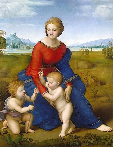 Raffael (Raffaello Sanzio), Die Madonna im Grünen. (Renaissance,italienische,16. Jahrhundert,Pappelholz,1483-1520,Raffael (Raffaello Sanzio),Wien,Kunsthistorisches Museum,Madonna,Raffael,maria,Jungfrau Maria,Jesuskind,Johannes der Täufer,Landschaft,heilig,Renaissance, Italien,italienische Renaissance,Harmo)