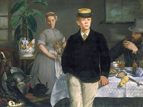 Édouard Manet, Frühstück im Atelier. 1868 (Familie, Familienprtrait, Küche, Früchstück, Bürgerlich, Gesellschaft, Impressionismus, Wohnzimmer, Klassiker, Wunschgröße, bunt,)