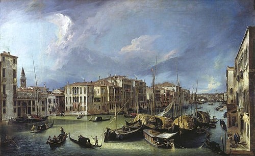 Canaletto (Giovanni Antonio Canal), Der Canal Grande in Venedig mit der Rialtobrücke. Gegen 1725 (Dresden,Gemäldegalerie,18. Jahrhundert,Lwd.,1697-1768,Canaletto (Giovanni Antonio Canal),Canaletto,Antonio Canal,1697-1768,Venedig,Italien,Vedute,Kanal,Wasserstraße,Stadtansicht,Gondel,Gondeln)
