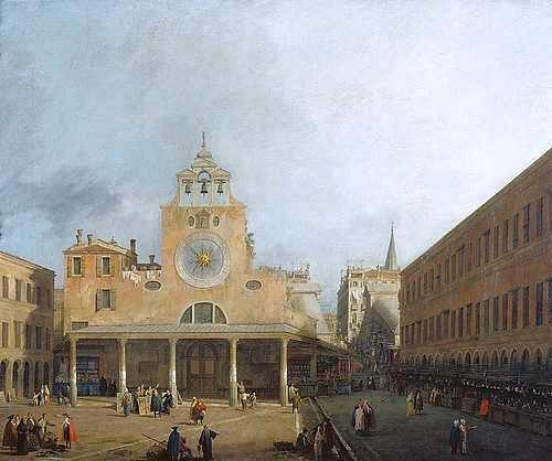 Canaletto (Giovanni Antonio Canal), Der Platz von San Giacomo di Rialto in Venedig. Vor 1730. (Dresden,Gemäldegalerie,Lwd.,1697-1768,Canaletto (Giovanni Antonio Canal),Canaletto,Giovanni Antonio Canal,Kirche,Italien,Uhr,Sonnenuhr)