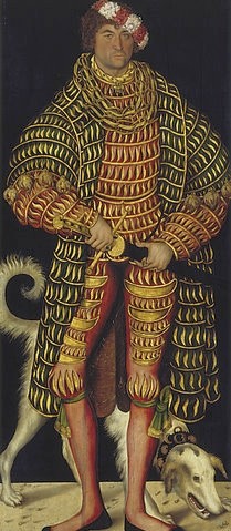 LUCAS CRANACH Der Ältere, Herzog Heinrich der Fromme. 1514 (siehe auch Bildnummer 16750) (Ritter, Persönlichkeiten, Mann, Adel, Gesellschaft, Heinrich der Fromme, Hund, ganzfigurig,   repräsentativ, stolz, wohlhabend, Klassiker, Renaissance, Wunschgröße, Wohnzimmer)