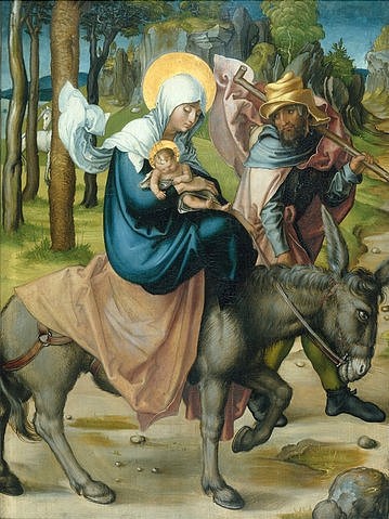 Albrecht Dürer, Die Flucht nach Ägypten. Aus dem Altar: Die sieben Schmerzen Mariae. 1495/96 (Flucht, Esel, Einhorn, Wanderschaft, Heilige Familie, Maria, Schmerzen, Altarbild, Detail, Jesusknabe, religiös, Neues Testament, Klassiker, Malerei, Wohnzimmer, Renaissance, Wunschgröße, bunt)