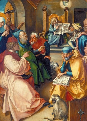 Albrecht Dürer, Der zwölfjährige Jesus im Tempel. Aus dem Altar: Die sieben Schmerzen Mariae. 1495/96 (Tempel, Maria, Schmerzen, Altarbild, Detail, Jesus, Kind, Lehren, Gelehrte, religiös, Neues Testament, Klassiker, Malerei, Wohnzimmer, Renaissance, Wunschgröße, bunt)