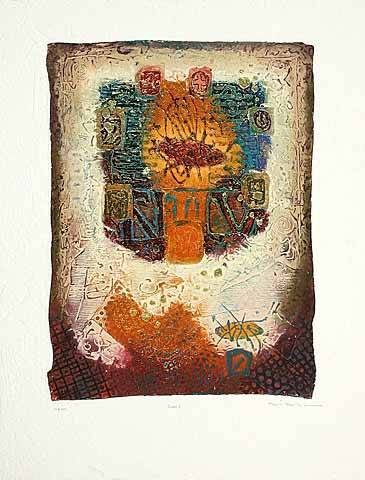 Dodsworth David Jura I (2001) (Carborundum-Radierung, handsigniert) (Abstrakt, abstrakte Kunst, Ethnic, ethnische Muster, Grafik, Original, signiert, Wohnzimmer, Treppenhaus, Büro, bunt)