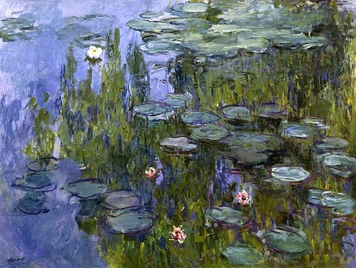 Claude Monet, Seerosen (Nympheas). 1918/1921. (Monet,Claude,1840-1926,München,Neue Pinakothek,Lwd.,Monet,Claude Monet,20. Jahrhundert,Impressionismus,Blume,Seerosen,Seerose,See,Teich,blau,grün,dekorativ,friedvoll,ruhig, Bayerische Staatsgemäldesammlungen, französischer,Impressionismus,französisch)