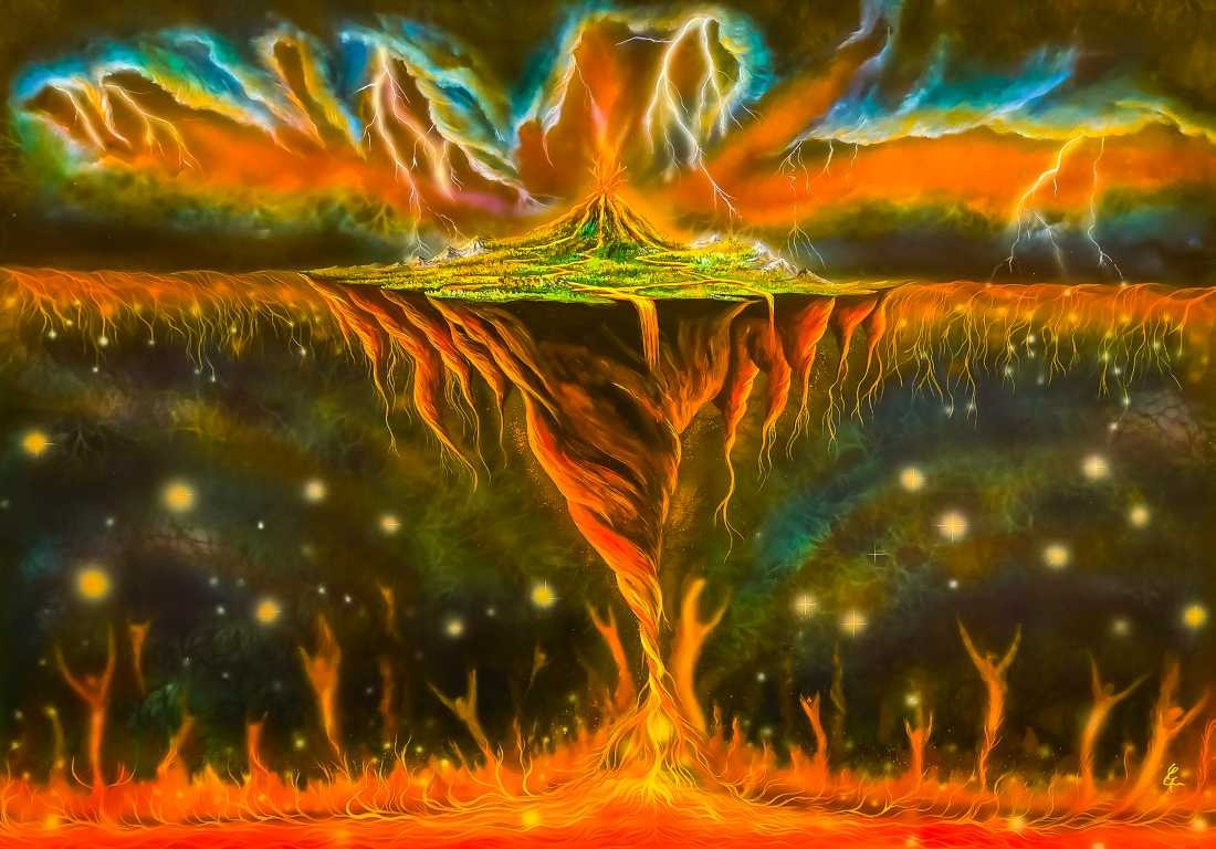 Conny Krakowski, Der Ausbruch (Surrealismus, Traum, Magie, Esoterik, Baum, Traumbaum,Lebensbaum,Geburt,Leben,Sterben,Wege, Lebensweg, Phantasie,Fantasie,Realismus,Malerei,Gemläde,detaiiert,Traumbild,Traumlandschaft,Landschaftsmalerei,Träumerei,Wasserfall,Berge,Wolken,)