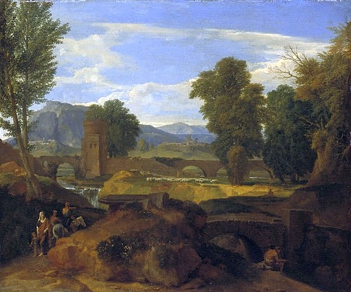 Jean-François Millet, Römische Landschaft mit Bogenbrücke. (Landschaftsmalerei, Landschaft, Italien, römisch, Ruinen, Brücke, Fluss, Hügel, Berge, Spaziergänger, Klassiker, Wunschgröße, Wohnzimmer, bunt)