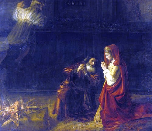 Rembrandt van Rijn, Das Opfer des Manoah. 1641 (Dresden,Gemäldegalerie,Barock,17. Jahrhundert,Lwd.,1606-1669,Rembrandt van Rijn,Rembrandt van Rijn, 1606-1669,Altes Testament,Engel,Feuer,Paar,Verkündigung,beten,Samson,Mutter,Eltern,Vater,Opferung,Opfer,Opferbringung,Manoah)