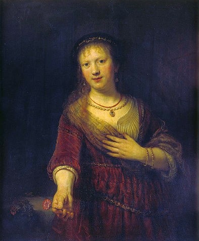 Rembrandt van Rijn, Saskia mit der roten Blume. 1641 (Öl auf Leinwand,Portrait,Barock,17. Jahrhundert,Dresden,Gemäldegalerie,Eichenholz,1606-1669,Rembrandt van Rijn,Rembrandt,Saskia,Frau,Blume,Nelke,dunkelrot,Perlenkette,Frau des Künstlers,Schmuck,Ehefrau)