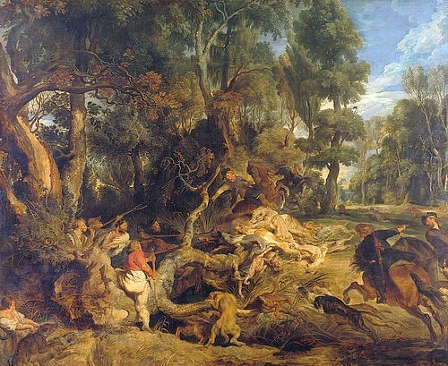 Peter Paul Rubens, Die Wildschweinjagd. Um 1615/1620. (Jagdszene, Jäger, Wald, Natur, Hunde, Jagdhunde,  Landschaft, Barock, Klassiker, Malerei,   Treppenhaus, Wohnzimmer, Wunschgröße, bunt)