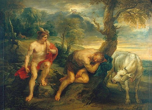 Peter Paul Rubens, Merkur und Argus. Um 1635/1638. (griechische Mythologie, Hermes, Götter, Rind, Landschaft, Barock, Klassiker, Malerei,   Treppenhaus, Wohnzimmer, Wunschgröße, bunt)