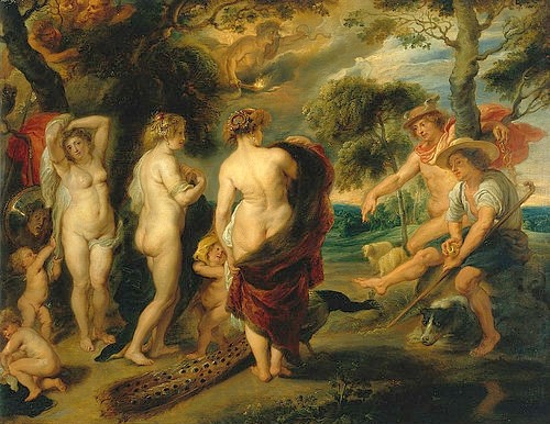 Peter Paul Rubens, Das Urteil des Paris. (Urteil des Paris, Göttinnen, Mythologie, Aktmalerei, Landschaft, Idylle, Barock, Klassiker, Malerei,  Treppenhaus, Wohnzimmer, Wunschgröße, bunt)