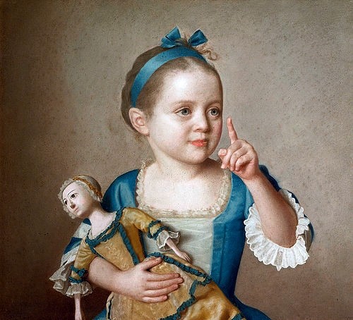 Jean-Étienne Liotard, Mädchen mit Puppe. (Privatbesitz,Liotard,Jean Etienne,1702-1789,Liotard,Jean Etienne Liotard,Puppe,18. Jahrhundert,Rokoko,Kind,Kinderbildnis,Spielsache,Spielsachen,Spielzeug,Zeigefinder,Schleife,Haarschleife,aufmerksam,sich ähneln,Oberschicht,upper class,wohlhabend)