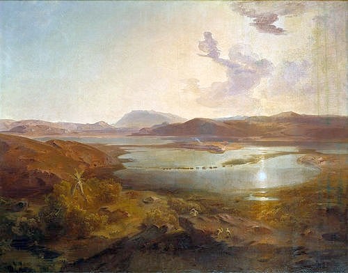 Carl Rottmann, Kopais-See. Um 1839. (Landschaftsmalerei, See, Bergsee, Horizont, Griechenland, mythisch, episch, heroisch, Antike, Malerei, Romantik, Klassiker, Wunschgröße, Wohnzimmer, bunt)