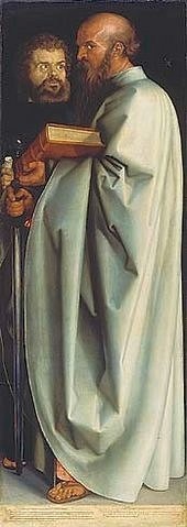 Albrecht Dürer, Die Apostel Paulus und Markus. (Rechte Tafel 'Die vier Apostel'). (München,Alte Pinakothek,Dürer,Albrecht,1471-1528,Lindenholz,Bayerische Staatsgemäldesammlungen,apostel,christentum,christlich,männer,gewand,faltenwurf,albrecht dürer)