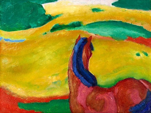 Franz Marc, Pferd in Landschaft. 1910 (Marc,Franz,Essen,Museum Folkwang,1880-1916,Foto: Jens Nober,Museum Folkwang,Pferd,Franz Marc,Tier,Landschaft,farbig,expressionistisch,Expressionist,gelb,angeschnitten,Pferdekopf)
