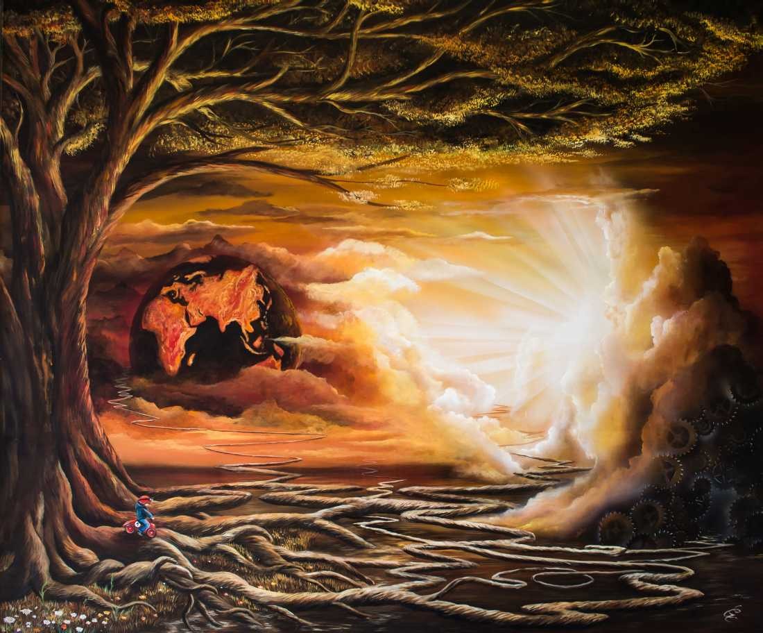 Conny Krakowski, Der Beginn des Weges  (Surrealismus, Traum, Magie, Esoterik, Baum, Traumbaum,Lebensbaum,Geburt,Leben,Sterben,Wege, Lebensweg, Phantasie,Fantasie,Realismus,Malerei,Gemläde,detaiiert,Traumbild,Traumlandschaft,Landschaftsmalerei,Träumerei,Wasserfall,Berge,Wolken,)