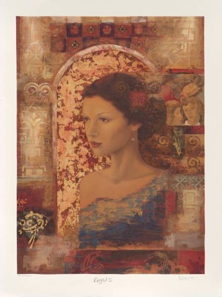 Nixon Peter Regal I (2000) (Siebdruck, handsigniert) (Frau, Gesicht, Portrait, jung, schön, elegant, abstrakter Hintergund, Malerei, Original, signiert, Grafik, Schlafzimmer, bunt)