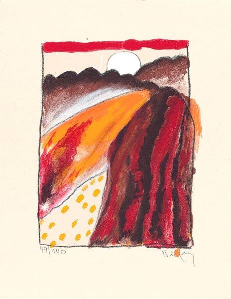 Becking Horst Landschaft (Siebdruck, handsigniert) (Landschaft, Hügel, Sonne, Felder, abstrahiert, modern, Original, signiert, Wohnzimmer, Büro, bunt)