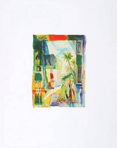 Macke August Gasse in Hilterfingen (1914) (Frequenzmodulierte Rastertechnik) (Dorf, Dorfstraße, Sommer, Schweiz, Klassische Moderne, Expressionismus, Malerei, Wohnzimmer, Treppenhaus, Arztpraxis, bunt)