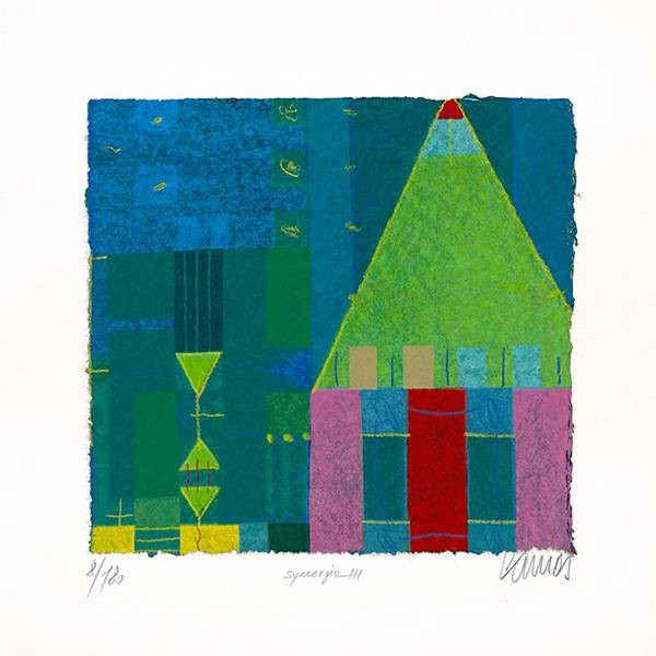 Cames Norbert Synergie III (2001) (Siebdruck, handsigniert) (Haus, Garten, geometrische Formen, stilisiert, modern, Grafik, Original, signiert, Wohnzimmer, Treppenhaus, bunt)