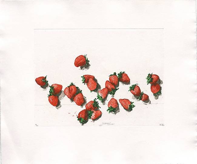 Rore Robert Erdbeeren (2001) (Radierung, handsigniert) (Erdbeeren, Obst, Beeren, Früchte, Grafik, Original, signiert, Esszimmer, Wohnzimmer, Küche)