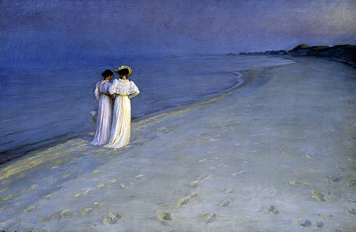 PEDER SEVERIN KROYER, Sommerabend bei Skagen (Anna Ancher und Marie Kroyer am Skagener Südstrand). 1893 (Kroyer,Peter Severin,1851-1909,Skagens Museum,Öl auf Leinwand,19. Jahrhundert,Strand,Frau,Frauen,zwei Frauen,Spaziergang,spazieren gehen,vertraut,Freundinnen,Dänemark,Kroyer, Peter Severin Kroyer,Krøyer,blaue Stunde,blau,Stimmungsmalerei,Stimmung,stimmung)