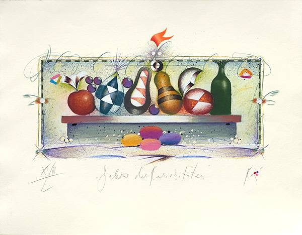 Korinek Peter Galerie der Kuriositäten (2001) (Radierung, handsigniert) (Stillleben, Flasche, Früchte, Zirkus, fröhlich, Original, Grafik, signiert, Wohnzimmer, Treppenhaus, Esszimmer, bunt)
