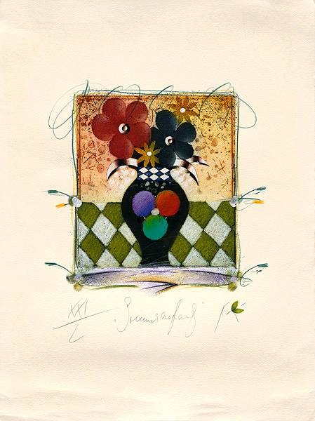 Korinek Peter Sommeranfang (2001) (Radierung, handsigniert) (Blumen, Vase, Stillleben, Blüten, fröhlich,  Original, Grafik, signiert, Wohnzimmer, Treppenhaus, Esszimmer, bunt)
