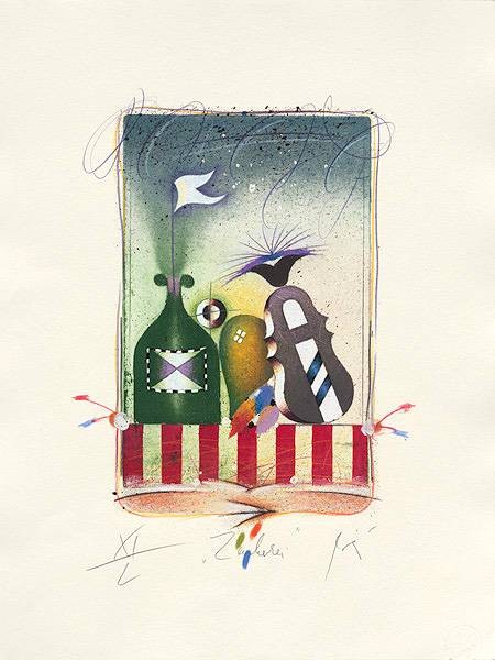 Korinek Peter Zauberei (2001) (Radierung, handsigniert) (Flasche, Flagge, Ornamente, fröhlich, Zirkus, Original, Grafik, signiert, Wohnzimmer, Treppenhaus, Esszimmer, bunt)