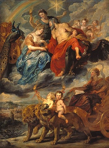 Peter Paul Rubens, Medici-Zyklus: Erste Begegnung des Königs mit Maria de' Medici in Lyon, 9.11.1600. (Paris,Musée du Louvre,Rubens,Peter Paul,1577-1640,Öl auf Leinwand,17. Jahrhundert,Barock,Rubens, Peter Paul Rubens,Löwen,Stern,Allegorie,Heinrich IV.,Geschichte, Frankreich,Pfau,Regenbogen,König von Frankreich,Königin,Triumphwagen,Putti,Putten)