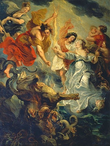 Peter Paul Rubens, Medici-Zyklus: Die Versöhnung der Königin mit ihrem Sohn, 15.12.1621. (Paris,Musée du Louvre,Rubens,Peter Paul,1577-1640,Allegorie,Rubens, Peter Paul,drachen,barock,medici)