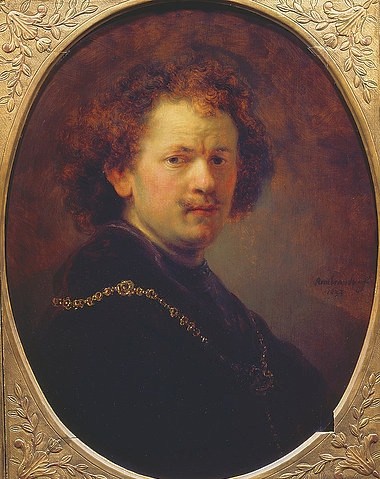 Rembrandt van Rijn, Selbstbildnis mit entblößtem Haupt, 1633. (Portrait,Barock,17. Jahrhundert,Holz,1606-1669,Rembrandt van Rijn,Paris,Musée du Louvre,Rembrandt,Rembrandt van Rijn,Selbstbildnis,oval,junger Mann,Selbstbefragung,Schnurrbart,Künstler,Maler)