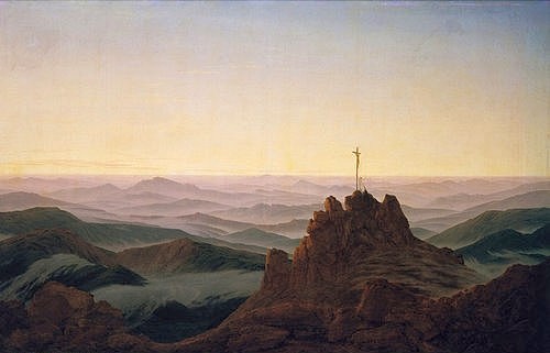 Caspar David Friedrich, Morgen im Riesengebirge. Um 1810 (Friedrich,Caspar David,Berlin,Schloss Charlottenburg,1774-1840,Morgen,Nebel,Berg,Kreuz,Tschechien,Polen,Friedrich,19. Jahrhundert)