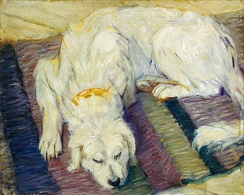 Franz Marc, Liegender Hund (Hundeportrait). 1909. (Sammlung Georg Schäfer,Marc,Franz,1880-1916,20. Jahrhundert,Hunde,Marc, Franz 1880-1916,Blauer Reiter,Expressionismus,Haustier,Hund,schlafen,weißer Hund,weiß,Teppich,liegen)