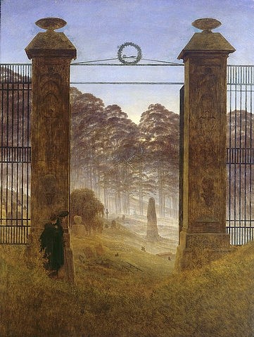 Caspar David Friedrich, Der Friedhof. 1825 (Friedhof, Friedhofstor, Eingang, mystisch, Gräber, Dunst, Nebel, unheimlich, Tor, Klassiker, Wohnzimmer, Treppenhaus, Malerei, Romantik, Wunschgröße, bunt)