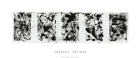 schwarz/weiß Polyptych, Jackson Pollock (Malerei, Klassische Moderne, Action Painting, abstrakte Malerei, Polyptychon, Farbkleckse, Farbspuren, Drip-painting, Farbstrukturen, Jack the Dripper, Wohnzimmer, Büro, Business, schwarz / weiß)