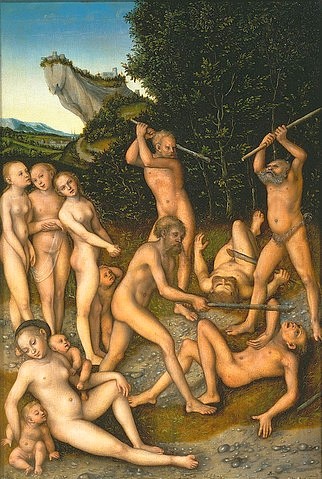 LUCAS CRANACH Der Ältere, Das Silberne Zeitalter oder der Triumph der Eifersucht. 1535 (Männer, Frauen, nackt, Aktmalerei, Kampf, Neid, klagende Frauen, Wunschgröße, Landschaftsmalerei, Klassiker, Renaissance, Wohnzimmer)