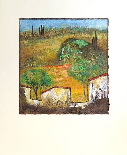 Rade Ernst-Peter Sommerreise X (50) (Acryl auf Bütten, handsigniert, Unikat) (Landschaft, Gehöft, Zypressen, Hügel, Transparenz, mediterran,   modern, Original, signiert, Wohnzimmer, Treppenhaus)